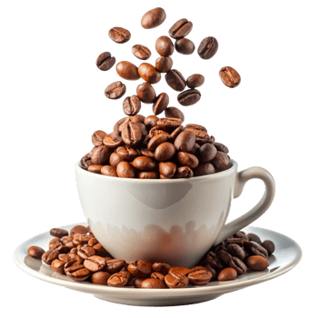 A cup of coffee with roasted coffee beans overflowing and more beans falling into it png