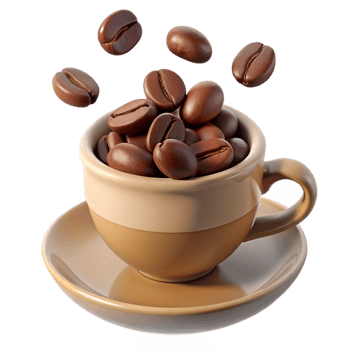 Roasted Coffee Beans Falling into a Tan Coffee Cup and Saucer png
