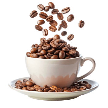 A cup of coffee with roasted coffee beans falling into it and on the saucer png