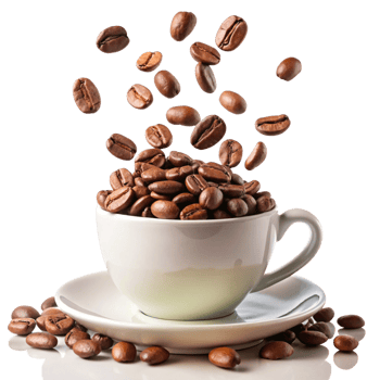 Roasted Coffee Beans Falling into a White Cup and Saucer on a Reflective Surface png