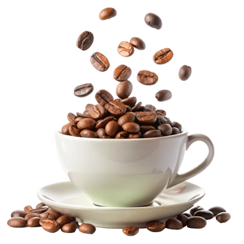 Aromatic Coffee Beans Falling into a White Coffee Cup on a Saucer png