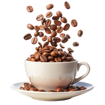 Roasted Coffee Beans Falling into White Coffee Cup Saucer png