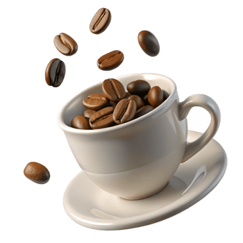 Coffee Beans Falling into a White Coffee Cup and Saucer png