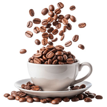 Roasted 3d Coffee Beans Falling into a White Coffee Cup and Saucer png