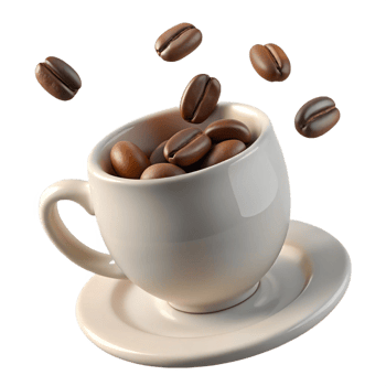 A cup of coffee with coffee beans falling into it, 3D rendering image png