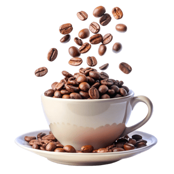 A cup of coffee with roasted beans falling into it, a delicious aroma png