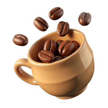 Roasted Coffee Beans Falling into a Tan Coffee Cup 3D Render png