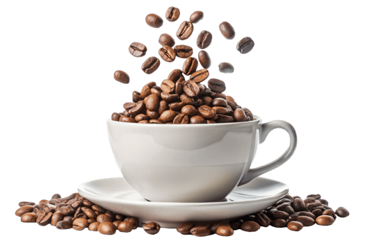 A white coffee cup filled with roasted coffee beans and more beans are falling into the cup and scattered on a saucer and the table png