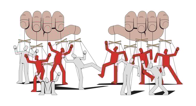 Totalitarianism manipulation with puppets strings 2D illustration concept. Psychological propaganda. Puppeteer controlling people cartoon characters isolated on white. Flat abstract graphic vector