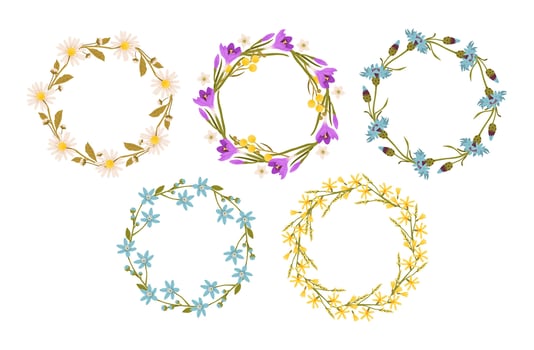 Elegant floral wreath with delicate wildflowers and botanical elements, forming a romantic frame ideal for wedding invitations, vintage decor, and bohemian aesthetics. vector