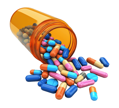Open pill bottle with capsules spilling transparent image. Pharmacy supply. Pharmaceuticals isolated cutout 3d render. Medical treatment container cut out clipart design element png