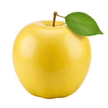 A single yellow apple with a stem and a leaf on transparent background png