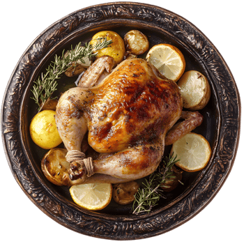 Appetizing Roast Chicken Dish with Lemon and Herbs Served on Rustic Wooden Plate png