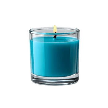 Transparent Turquoise Scented Candle Burning in Glass Jar on Plain White Background png