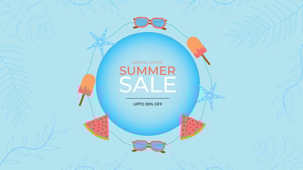 Eye-catching summer sale background with tropical elements like watermelon, ice cream, sunglasses, and starfish on a light blue theme. Perfect for seasonal promotions and discounts. vector