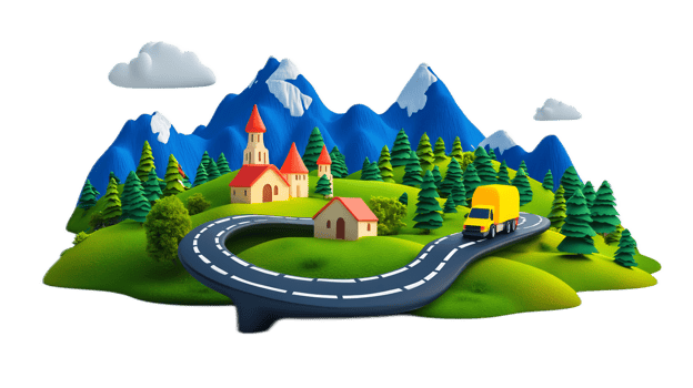 Serene Countryside Landscape with Winding Road,Village,and Snow-Capped Mountains png