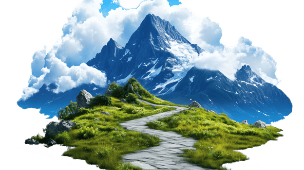Scenic Mountain Landscape with Winding Path Through Lush Grassy Hills and Dramatic Cloudy Sky png