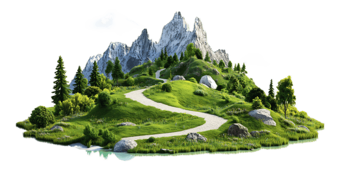 Scenic Mountain Landscape with Winding Trail through Lush Forest and Valley png