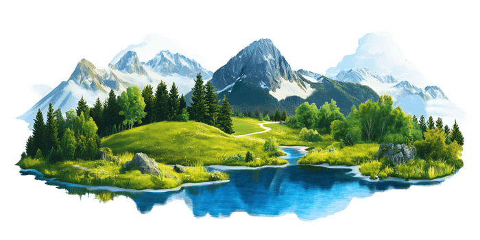 Serene Mountain Landscape with Flowing River and Lush Greenery png