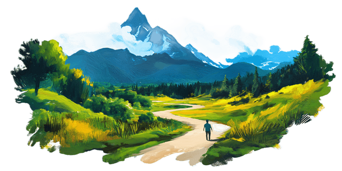 Scenic Mountain Landscape with Winding Trail through Meadow and Forests png