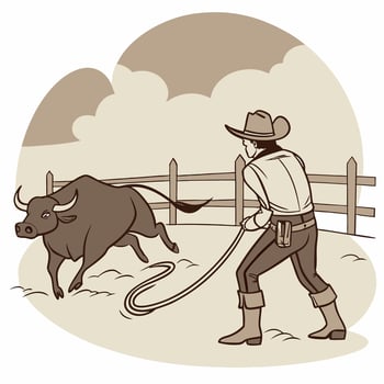 Cowboy Lassoing Bull Sepia toned Vintage Illustration Ranch, Rodeo. vector