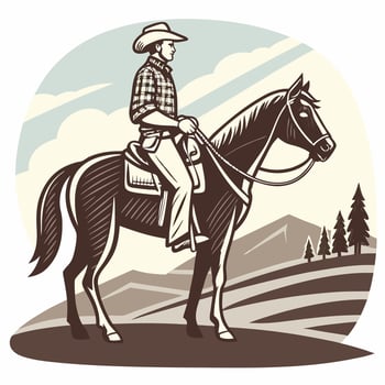 Cowboy Horseback Riding Vintage Western Illustration Brown Tones. vector