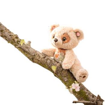 Adorable Beige Teddy Bear Sitting on Tree Branch with Spring Blossoms png