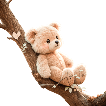 Adorable Beige Teddy Bear Sitting on Tree Branch, Cute Cartoon Illustration png