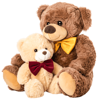 Adorable Brown and Beige Teddy Bears with Bows, Sitting Together, Isolated on White Background png