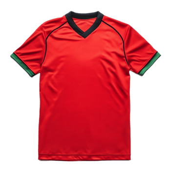 Red Soccer Jersey with Black and Green Trim Ideal for Sports Branding Merchandising and Uniform Design Mockups png
