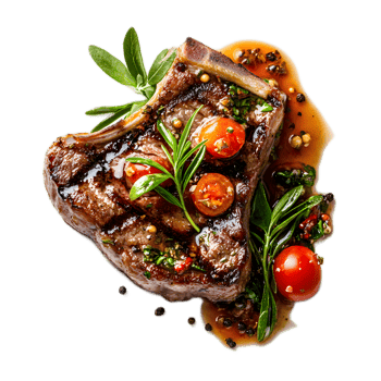 Seared Steak with Roasted Tomatoes and Fresh Herbs on Rustic Plate png