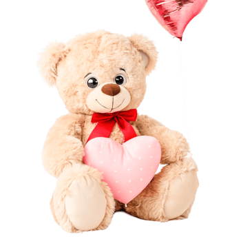 Adorable Teddy Bear Holding Pink Heart with Red Balloon for Valentine's Day png