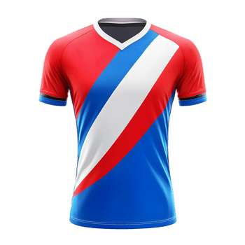 Vibrant Diagonal Striped Soccer Jersey Uniform Design in Red Blue and White Colors png