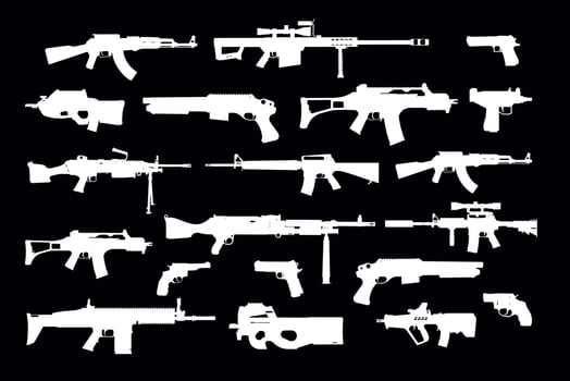 Various military weapon silhouettes including rifles and handguns vector
