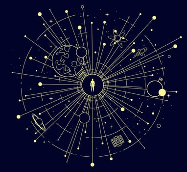 Human at the Center of Space and Technology. Cosmic Exploration. Cosmic astrology map with stars and constellations vector