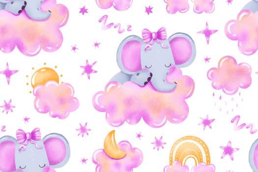 Sleeping elephant dreaming on pink cloud seamless pattern. Sky elements moon sun rainy cloud. Girly pink background for baby room nursery bedtime kindergarden. New birn girl png