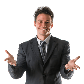 Successful Businessman Gesturing with Confidence and Enthusiasm in Corporate Attire png