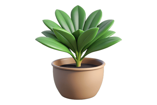 A vibrant green potted plant with multiple leaves in a beige pot, digitally rendered in 3D, isolated on a black background png