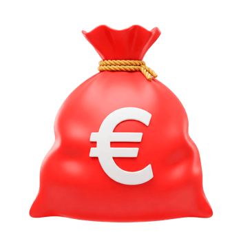 3D render of a cartoonish red money bag with a euro sign, tied with rope cut out. European currency and wealth concept png