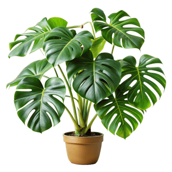 A Lush Green Monstera Deliciosa Houseplant in a Brown Pot Against a Black Background png