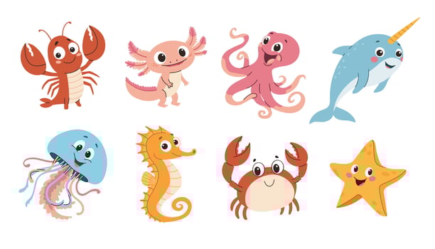 Set of cute cartoon sea animals. A cute drawing in a childish style. Seahorse, narwhal, axolotl, starfish, jellyfish, octopus, crab, lobster. illustration isolated on white background. vector