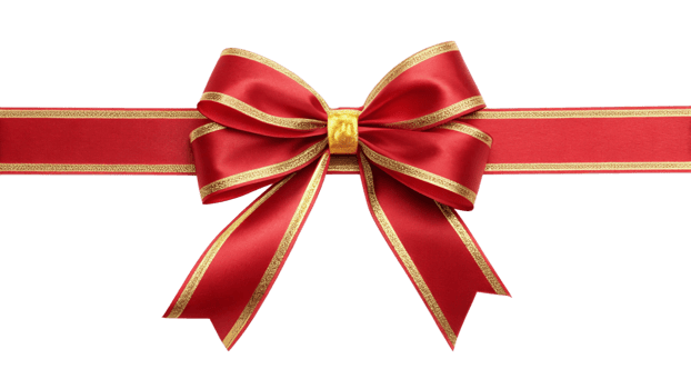 A luxurious red satin ribbon bow with gold accents on a black background png