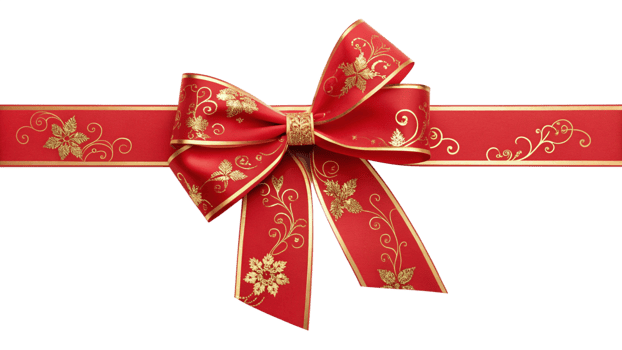 Red and Gold Christmas Bow with Elegant Festive Design on Ribbon png