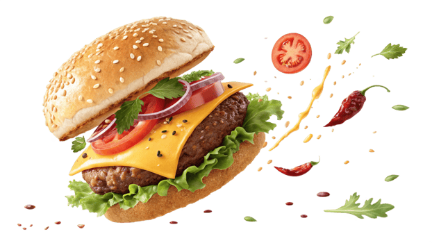 Juicy Delicious Cheeseburger with Flying Ingredients png