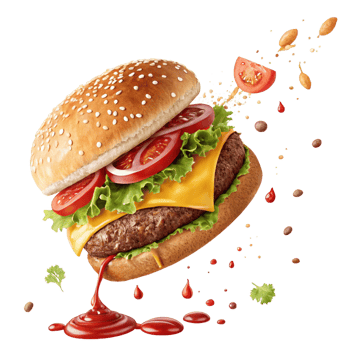 Juicy Delicious Burger with Sesame Bun Topped with Melted Cheese and Fresh Tomatoes and Lettuce in mid air with Ketchup Dripping png
