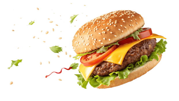 Juicy Delicious Cheeseburger with Sesame Bun and Flying Toppings png