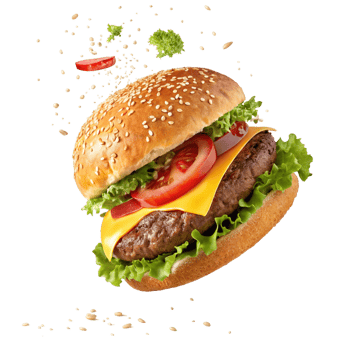 Juicy Delicious Cheeseburger in mid air with sesame seeds and fresh lettuce flying around png