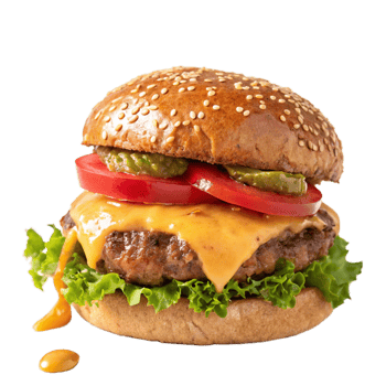 Juicy Cheeseburger with Sesame Seed Bun Lettuce Tomato Pickles png