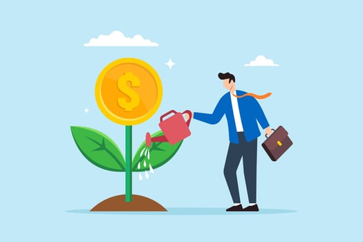Flat illustration of businessman water plant growing dollar coin flower symbolizing financial growth vector
