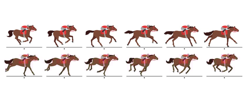 Horse racing animation frames. Running racehorse with jockey animated gallop cycle sequence. Equestrian sport movement steps, cartoon illustration set vector